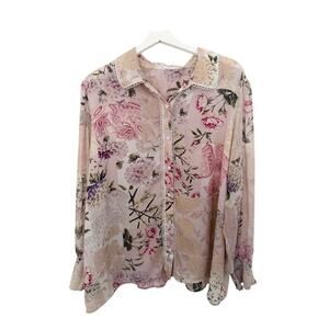Cynthia Rowley Feminine Floral Coquette Collared Light Pink Blouse Size 2XL